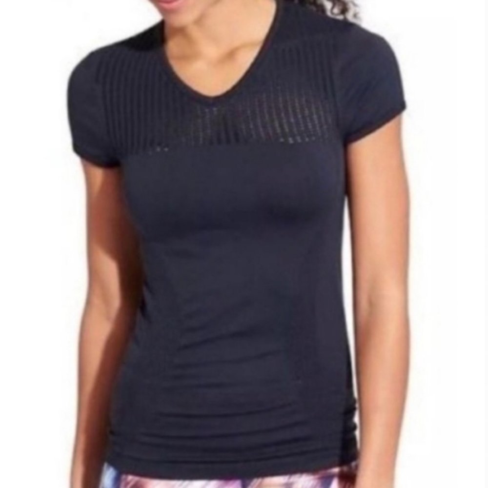 ATHLETA | Seamless Diamond Mesh Ruched Trophy Tee Top in Navy Blue XS - Picture 4 of 6